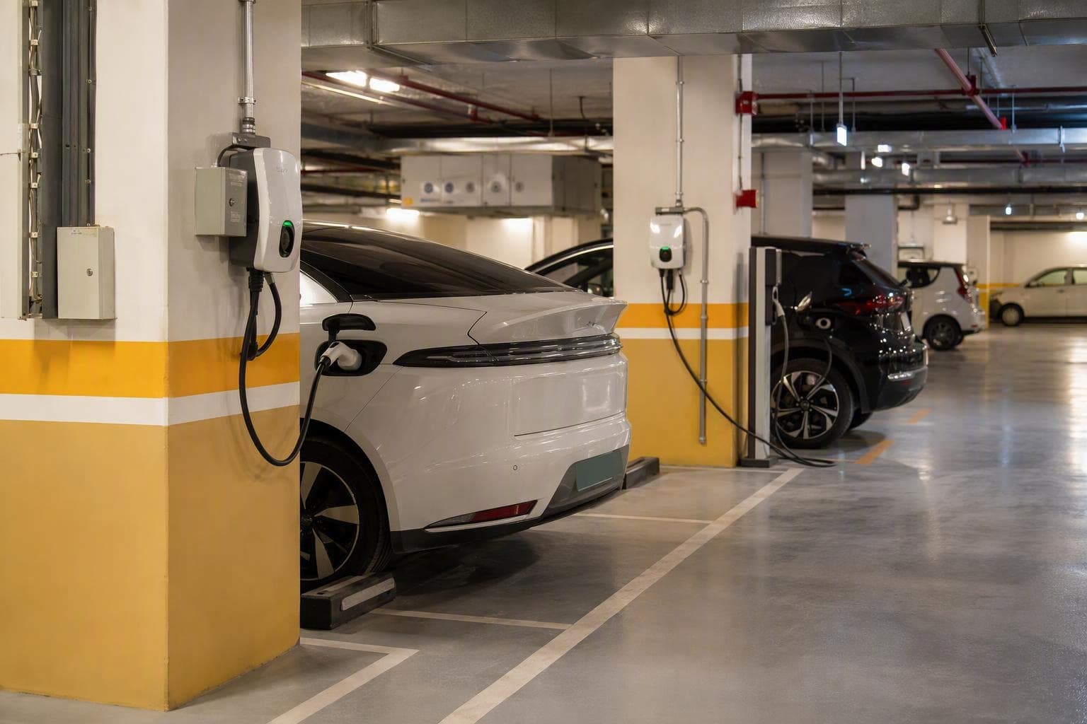 Illustrative view of EV charging in a residential society basement parking area